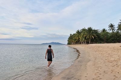 Rear view of man on beach against sky