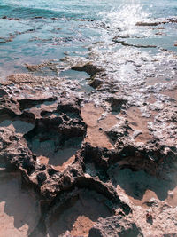 High angle view of rocks on beach