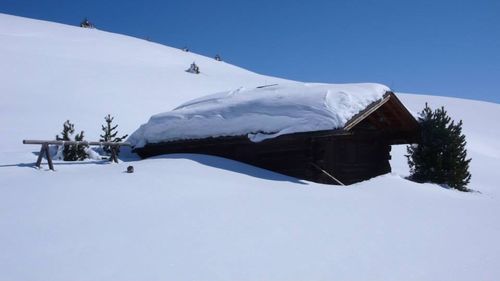 Low angle view of snow covered mountain against clear sky