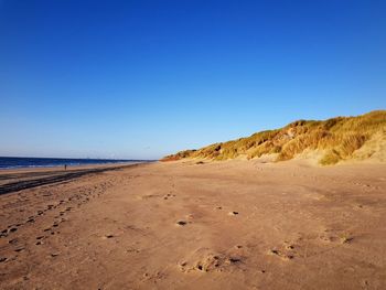 Scenic view of beach against clear blue sky