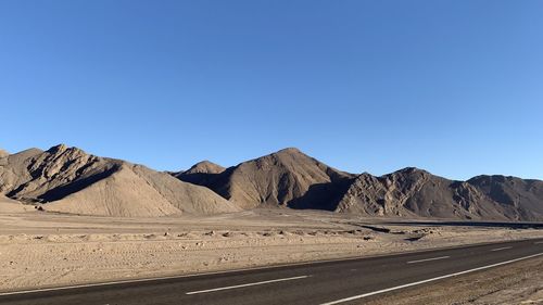 Scenic view of arid landscape against clear blue sky