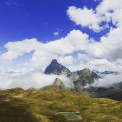 Scenic view of mountains against cloudy sky