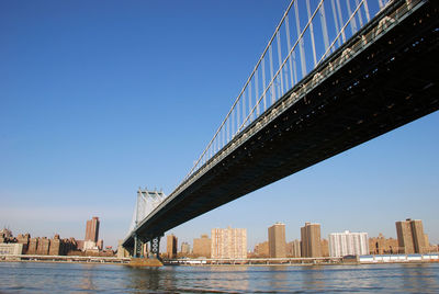 View of suspension bridge with city in background