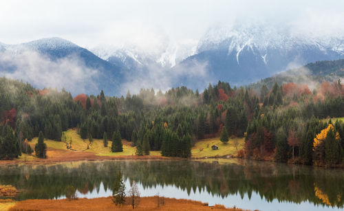 Scenic view of lake by trees against sky