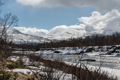 Snow covered landscape against sky