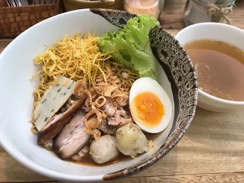 High angle view of breakfast served on table