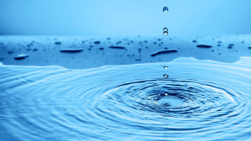 Close-up of drop falling on blue water