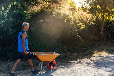 Full body side view of male gardener rolling wheelbarrow while walking on rural path among trees during work in countryside