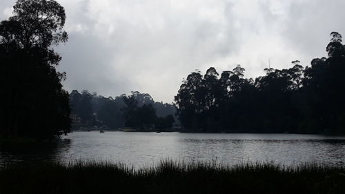 Scenic view of lake against cloudy sky