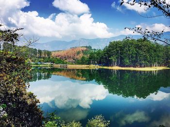 Scenic view of lake and mountains against sky