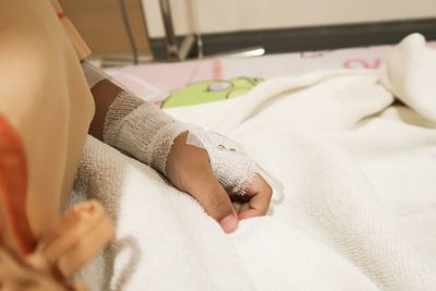 Close-up of hands lying on bed