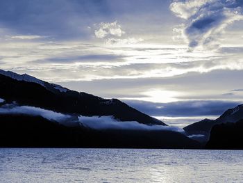 Scenic view of snowcapped mountains against sky during sunset