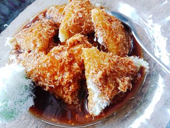 High angle view of bread in plate on table