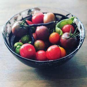 High angle view of tomatoes in bowl on table