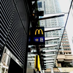 Low angle view of road sign in city