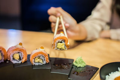 Close-up of sushi on table