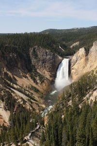 Scenic view of waterfall in forest against sky