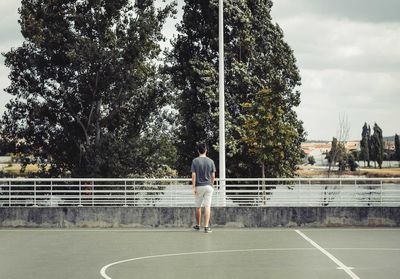 Rear view of man standing by trees against sky