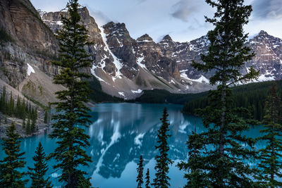 Panoramic view of lake and snowcapped mountains against sky