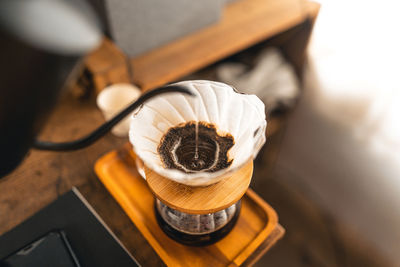 High angle view of coffee on table