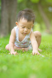 Cute boy on sitting on grass at park