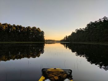 Reflection of trees in lake against clear sky