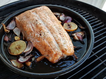 High angle view of food in cooking pan