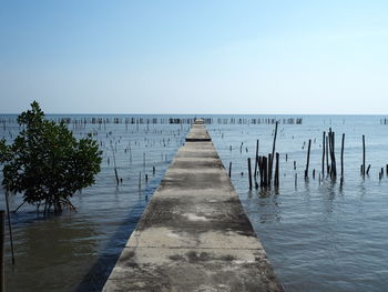 Wooden posts in sea against clear sky