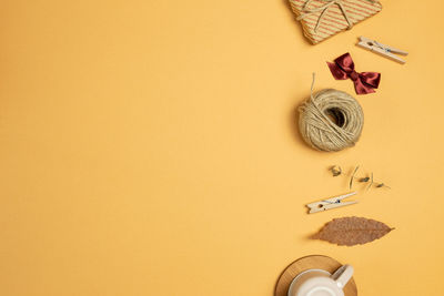 High angle view of shells on table