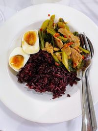 High angle view of food served in plate