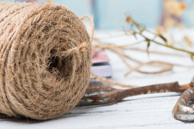 Close-up of hay on table