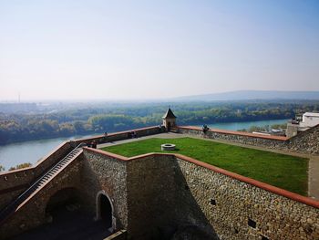 Panoramic shot of historic building against clear sky