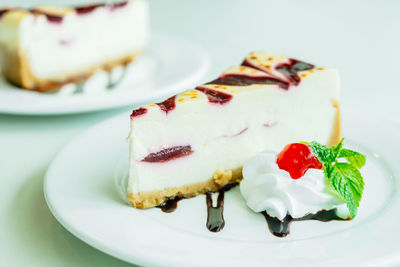 Close-up of cheesecake in plate on table