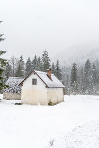 House on snow covered field against trees and houses