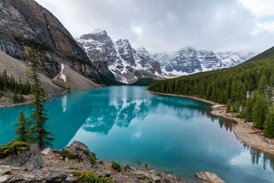 Scenic view of lake and mountains against sky