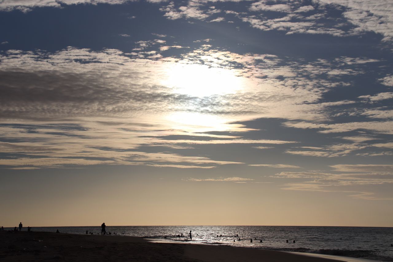 SCENIC VIEW OF BEACH AGAINST SKY AT SUNSET