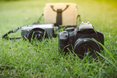 Close-up of camera on field