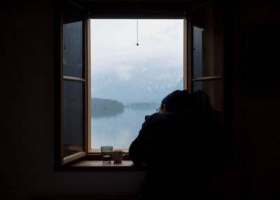 Rear view of man looking at lake through window