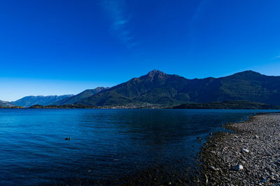 Scenic view of sea and mountains against clear blue sky