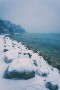 Scenic view of sea against sky during winter