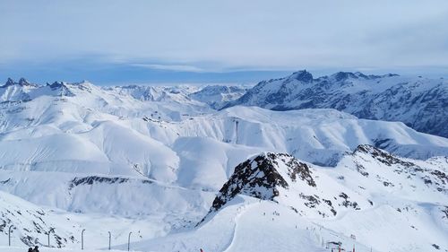 Scenic view of snow covered mountains against sky