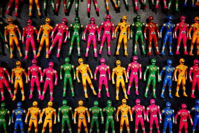 Full frame shot of colorful power rangers for sale in store