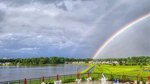 Scenic view of rainbow over lake against sky