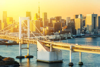 Bridge over river with buildings in background