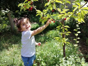 Portrait of baby girl standing by fruit tree on land