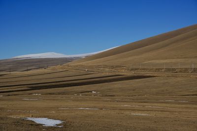 Scenic view of desert against clear blue sky