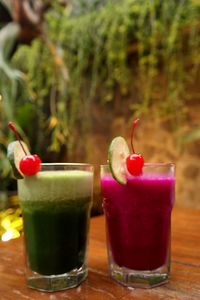 Close-up of drink in glasses on table