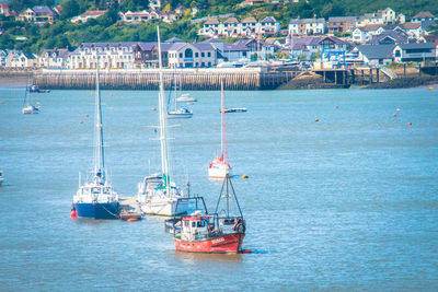 High angle view of sailboats moored on sea