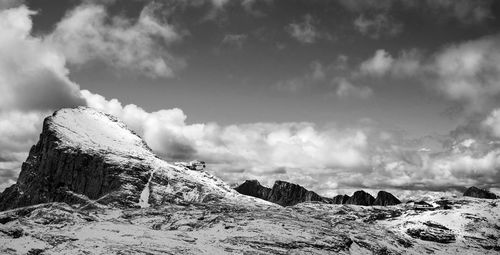 First snow on dolomites, walking on altopiano della rosetta