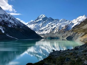 Scenic view of lake and snowcapped mountains against sky